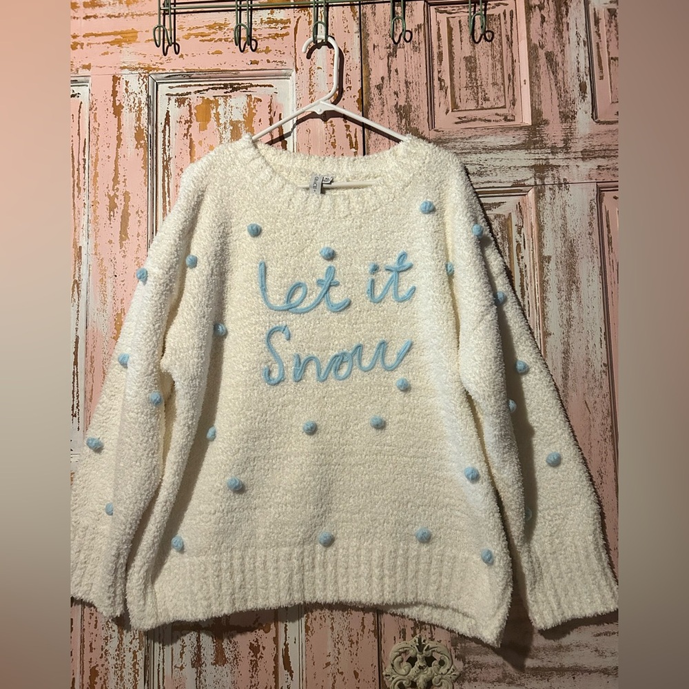 Cozy winter white Sweater with Blue Accents